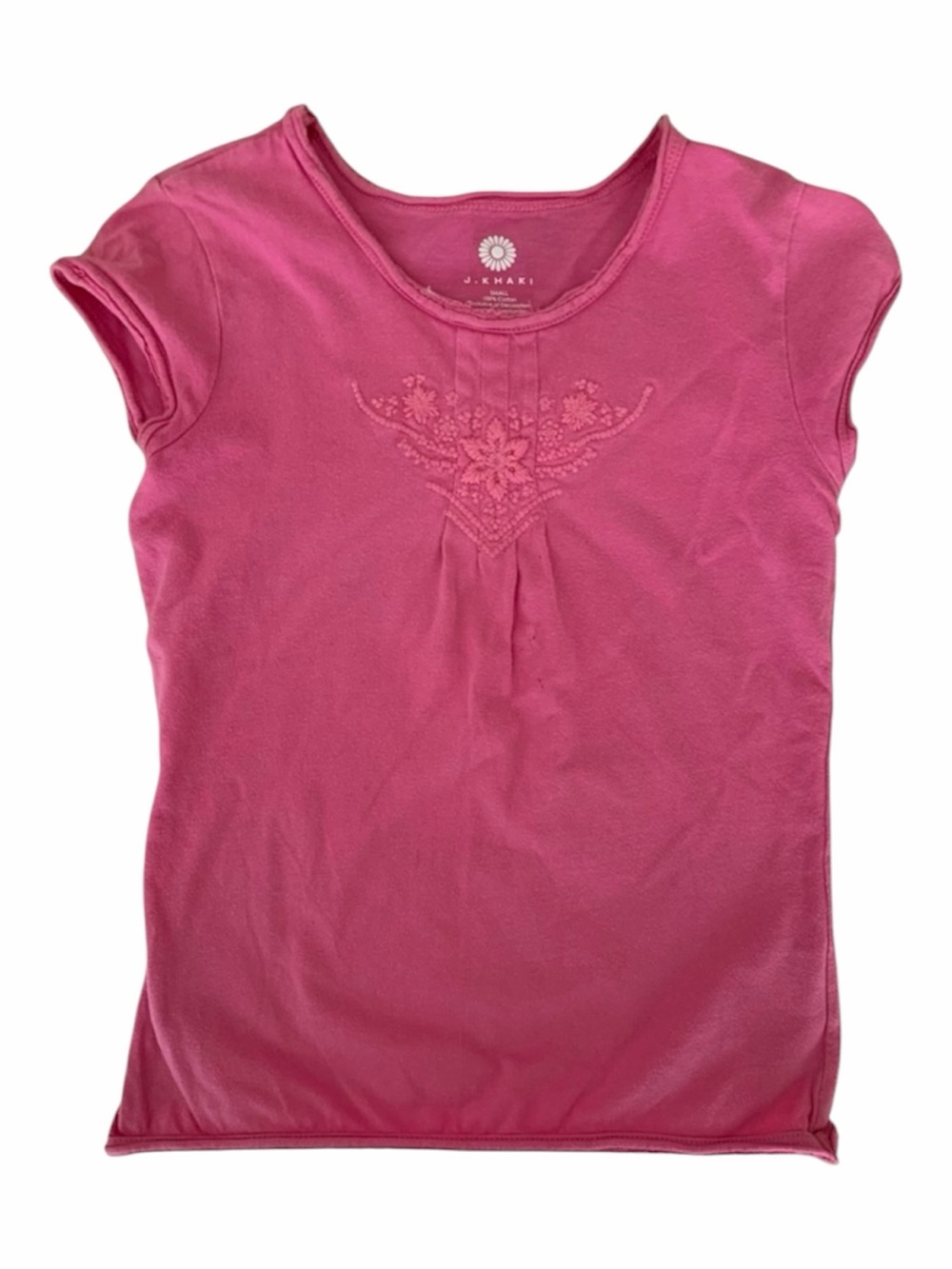 J. Khaki T-Shirt Girls Size S Pink Top Short Cap Sleeves Embroidered Floral